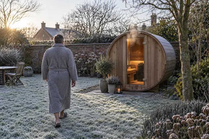 Person in a robe walking across a frosty lawn to a garden sauna