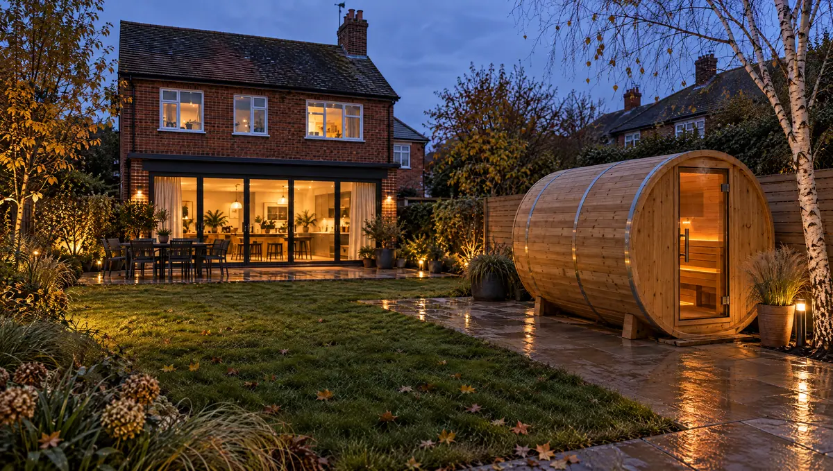 Barrel sauna glowing at dusk at the end of a British back garden